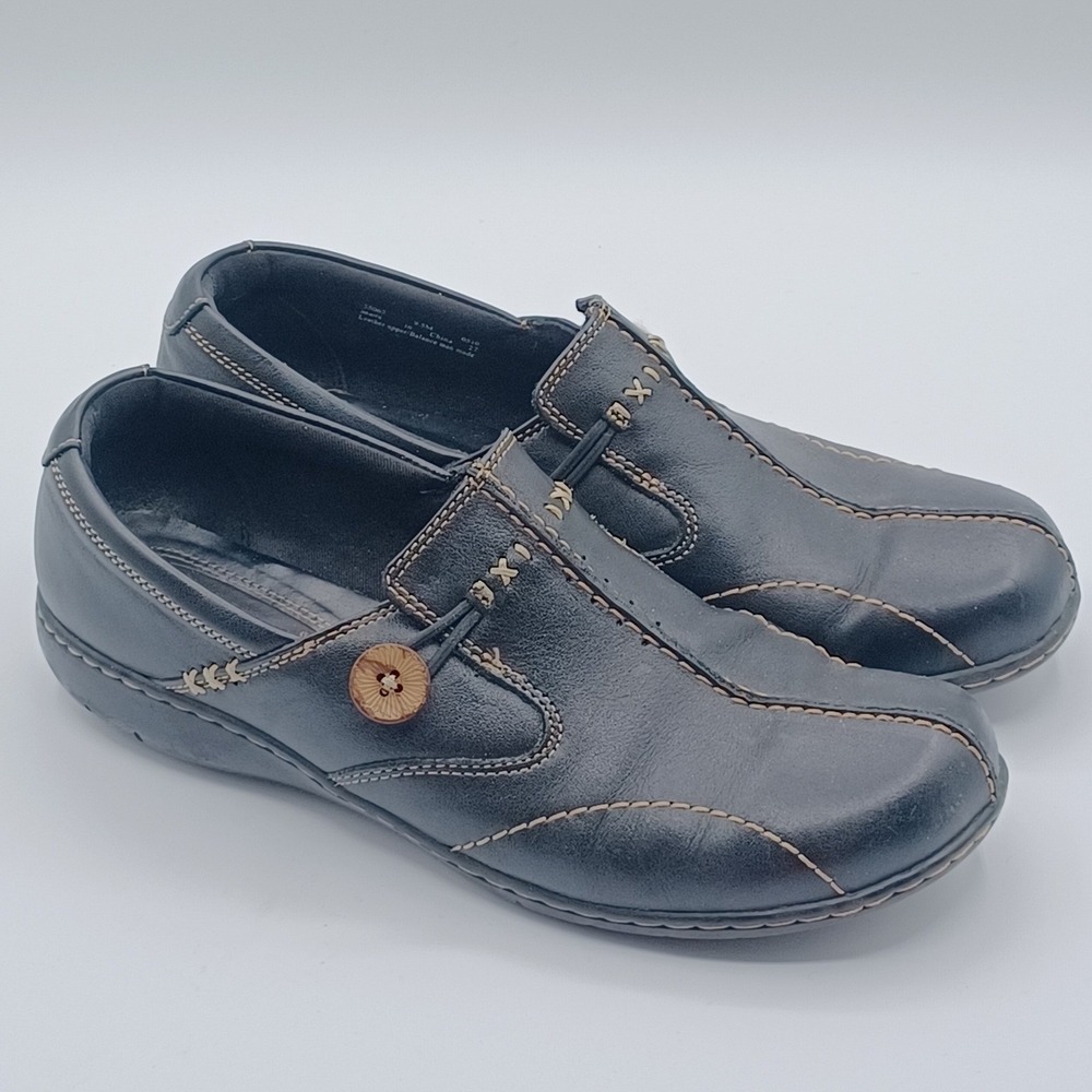 Clarks Bendables Slip On Loafers Womens 9.5M Black Leather Button 35062‎ NEW